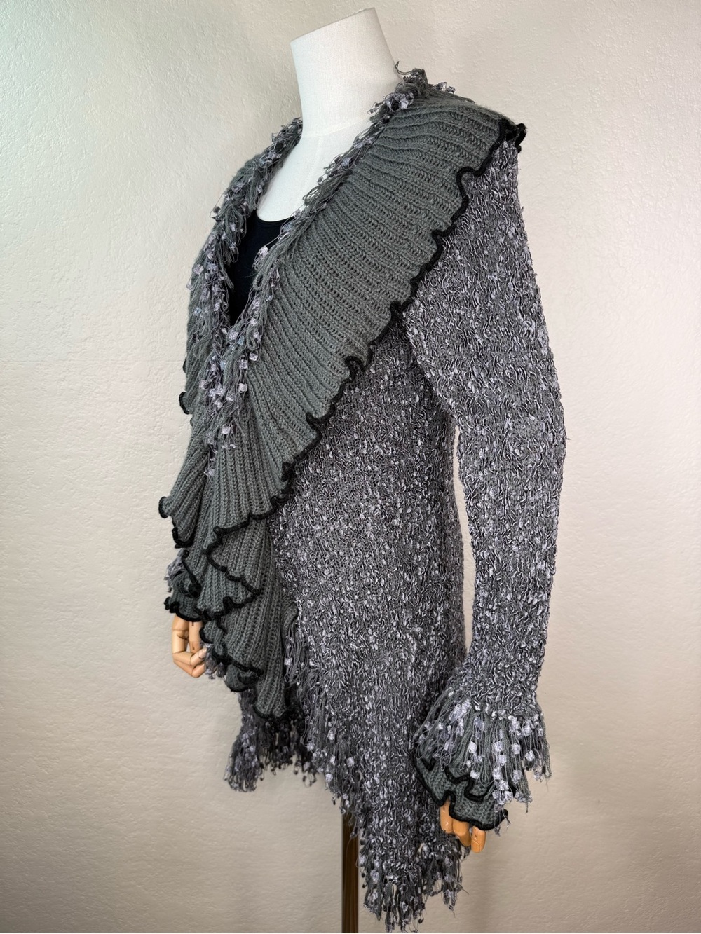 Anthropologie Lapis Ruffled Fringe Long Knit Cardigan Sweater Size Large